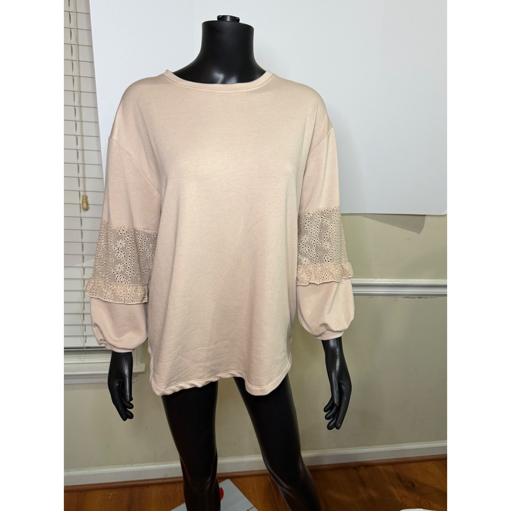 Matilda Jane Womens Eyelet Lace Ruffle Sleeve Sweatshirt Blush Pink Tan S/M